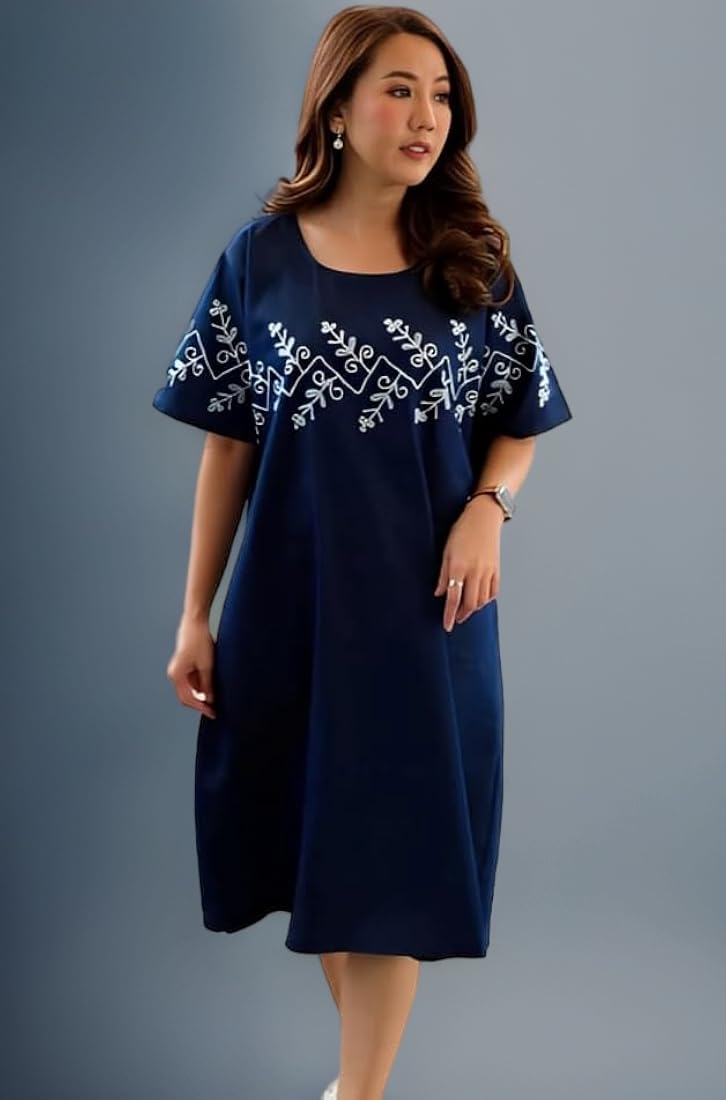 Women Blue Cotton Embroidery Front Middi Gown