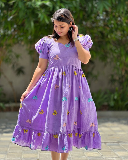 Women Cotton Lavender Butterfly Embroidery Middi Gown