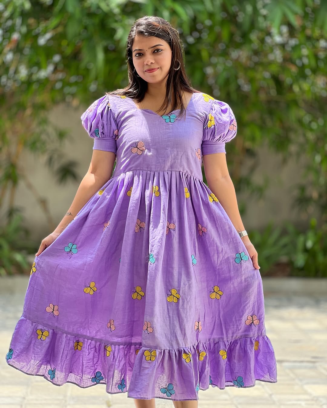 Women Cotton Lavender Butterfly Embroidery Middi Gown