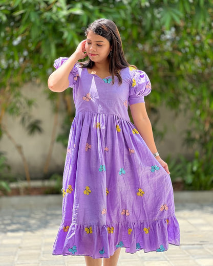 Women Cotton Lavender Butterfly Embroidery Middi Gown
