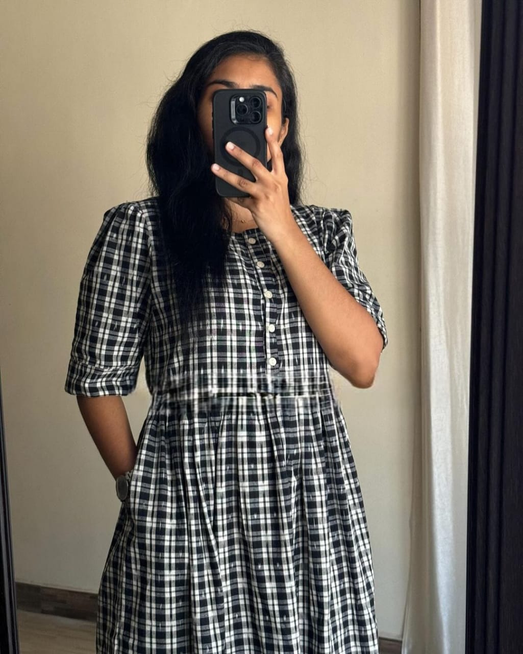 Women White Cotton Checks Middi Gown