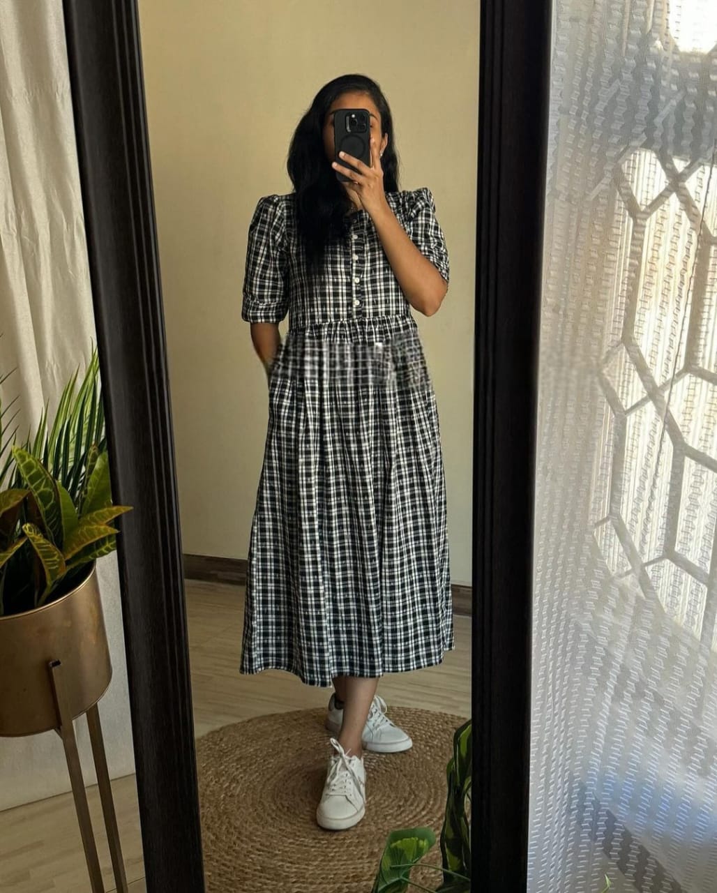 Women White Cotton Checks Middi Gown