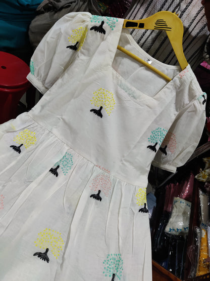 Women Off-White Cotton Bush Embroidery Middi Gown
