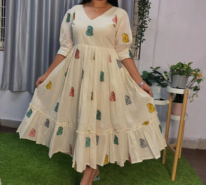 Women Cotton White Embroidery Teddy Bear Middi Gown