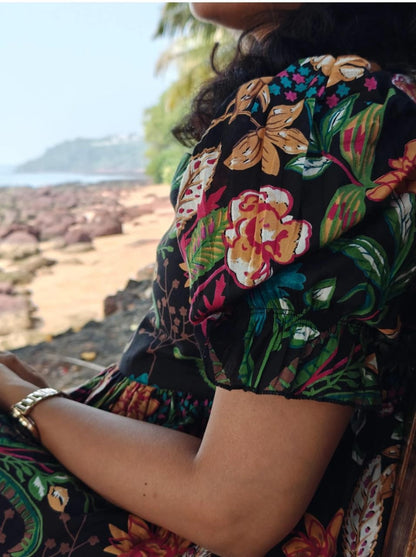 Women Black Multicolor Cotton Middy Gown