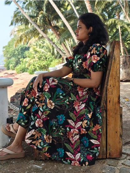 Women Black Multicolor Cotton Middy Gown