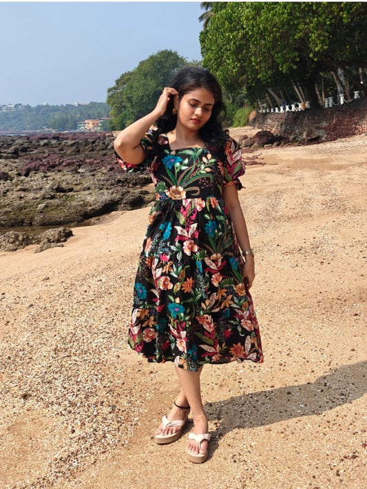 Women Black Multicolor Cotton Middy Gown