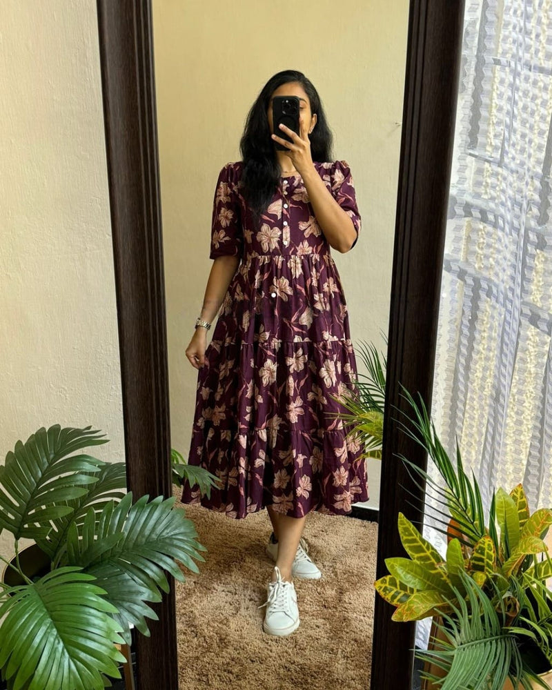 Flower print Cotton maxi model dress