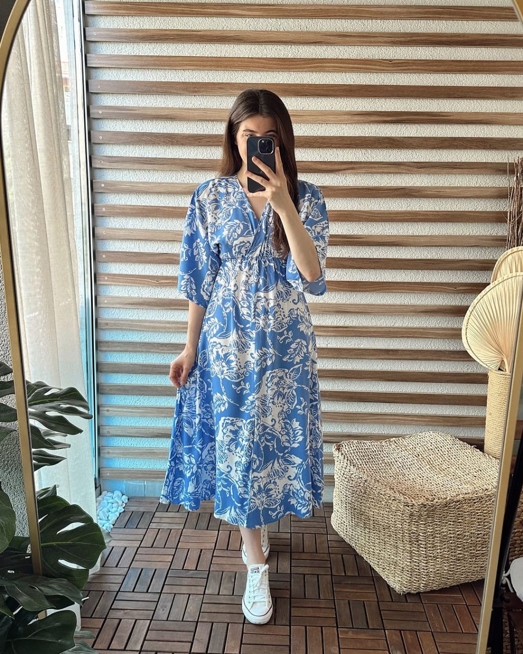 New Beautiful blue Printed cotton middi with v-neck Gown dress