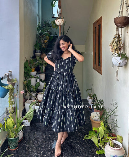 Black Printed cotton middi with heart neck