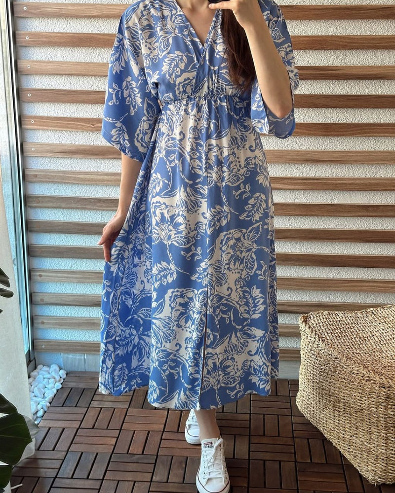 New Beautiful blue Printed cotton middi with v-neck Gown dress